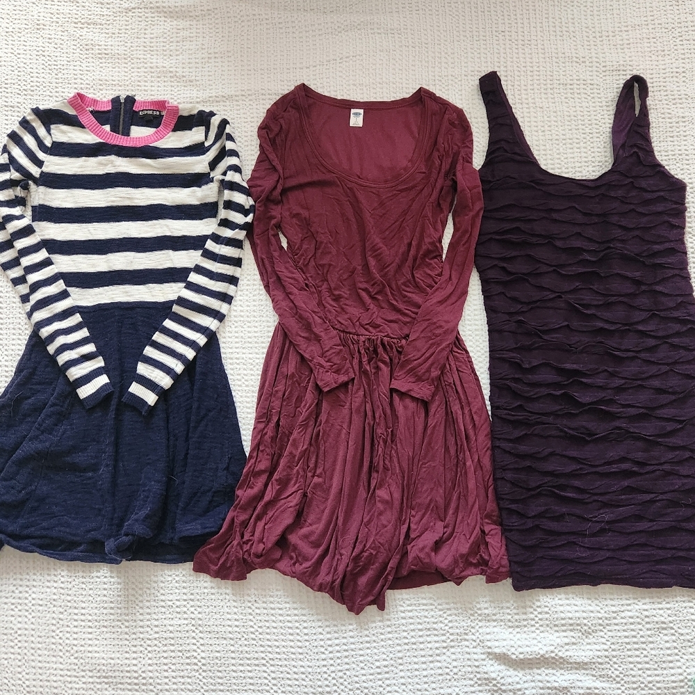 Express Women's Mini Dresses - Striped Navy, Burgundy, Textured Purple